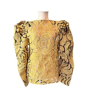 Item #A041- N BY NANCY Romantic Gold Floral Mesh Top with Puff Sleeves NWT XL